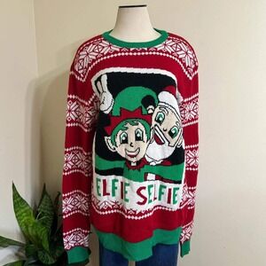 Happy Holidays Elfie Selfie Ugly Christmas Sweater Red Green XL